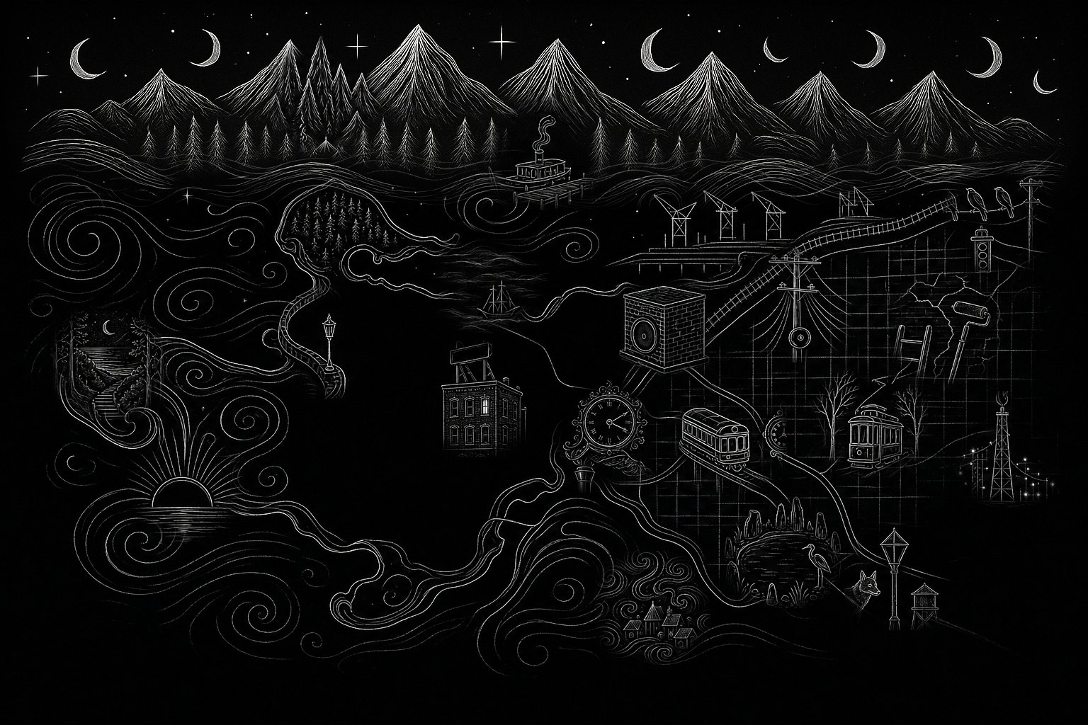 The Terminal City map: a hidden Vancouver drawn in arcane line; every drawing on it is a sighting.